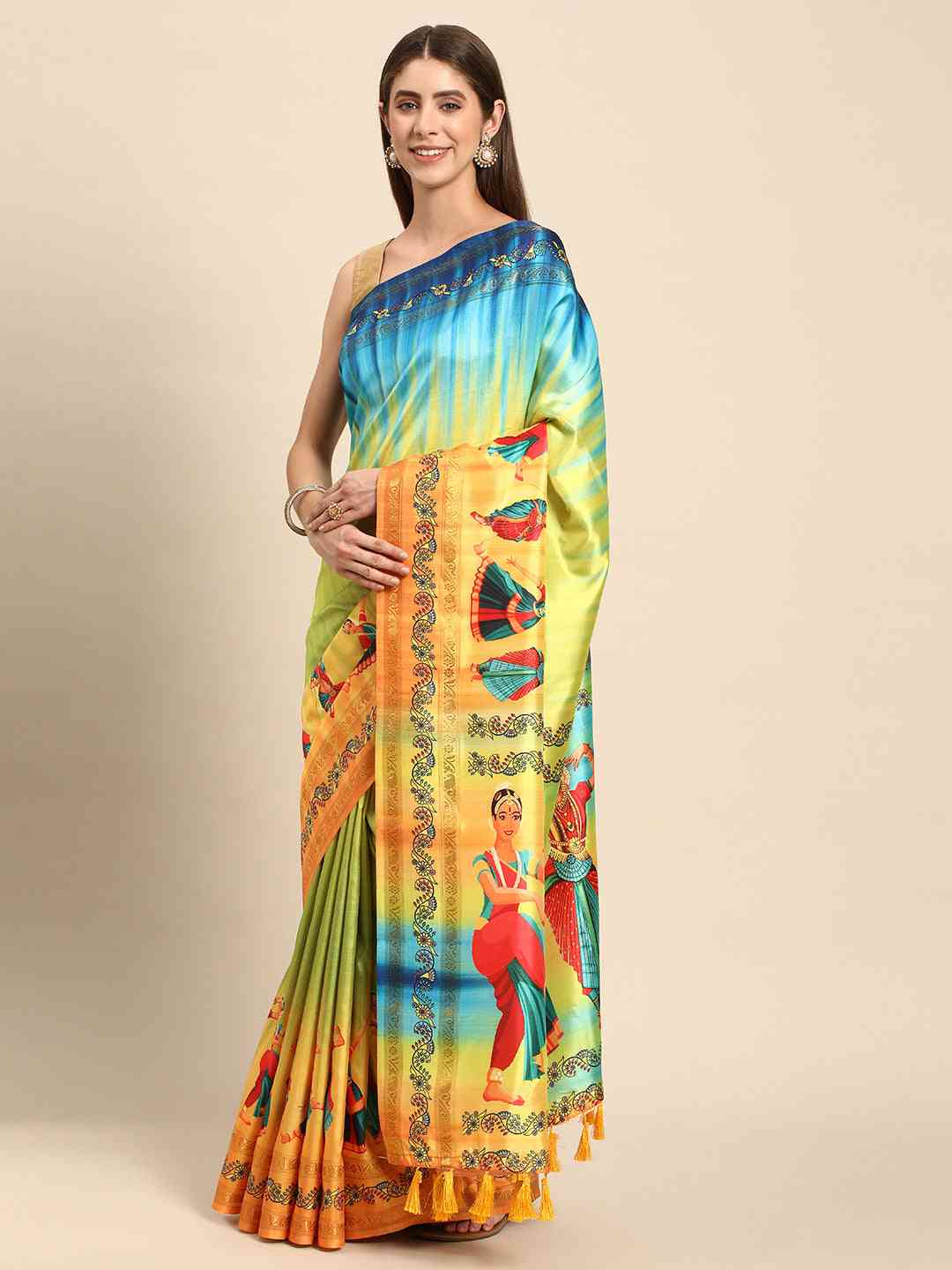 Stylish Kalamkari Silk With Block Print Saree