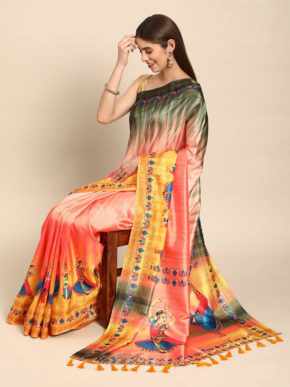Stylish Kalamkari Silk With Block Print Saree