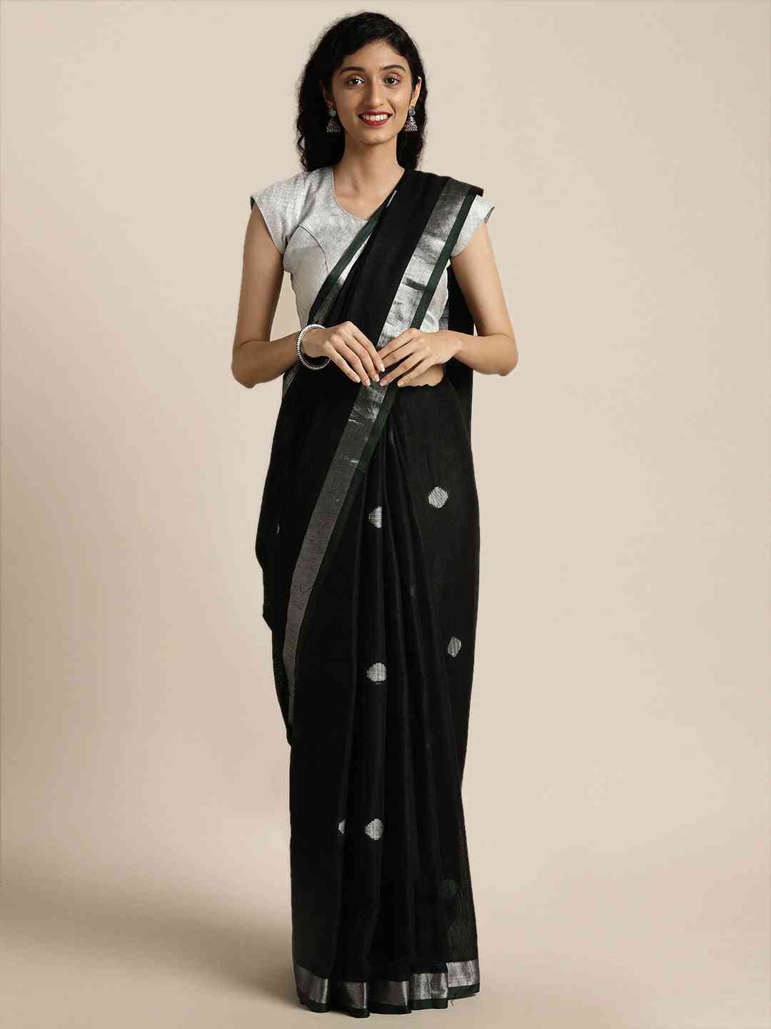 Linen Blend Green Colour Saree With Polka Dots And Zari Border Work