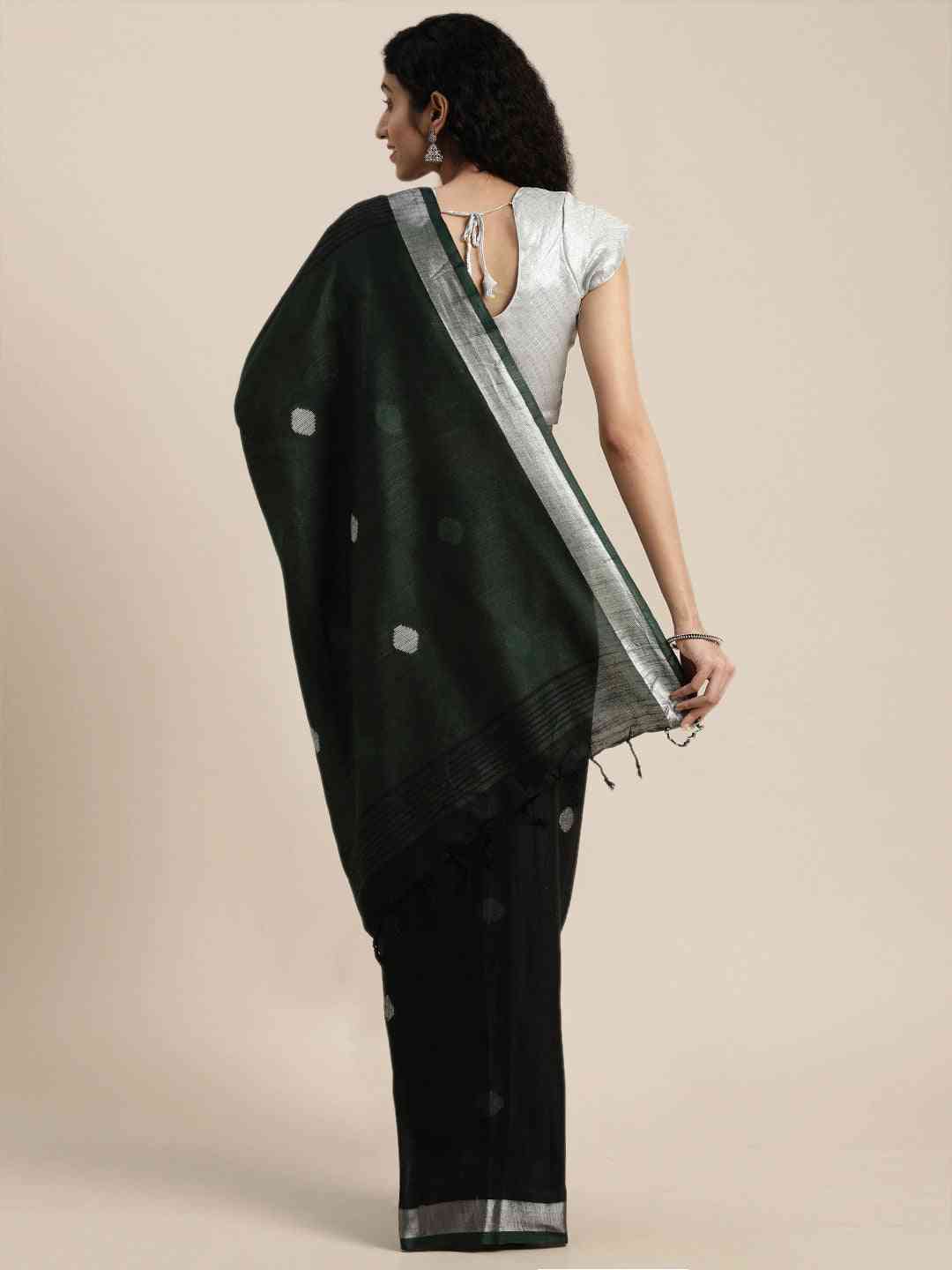 Linen Blend Green Colour Saree With Polka Dots And Zari Border Work
