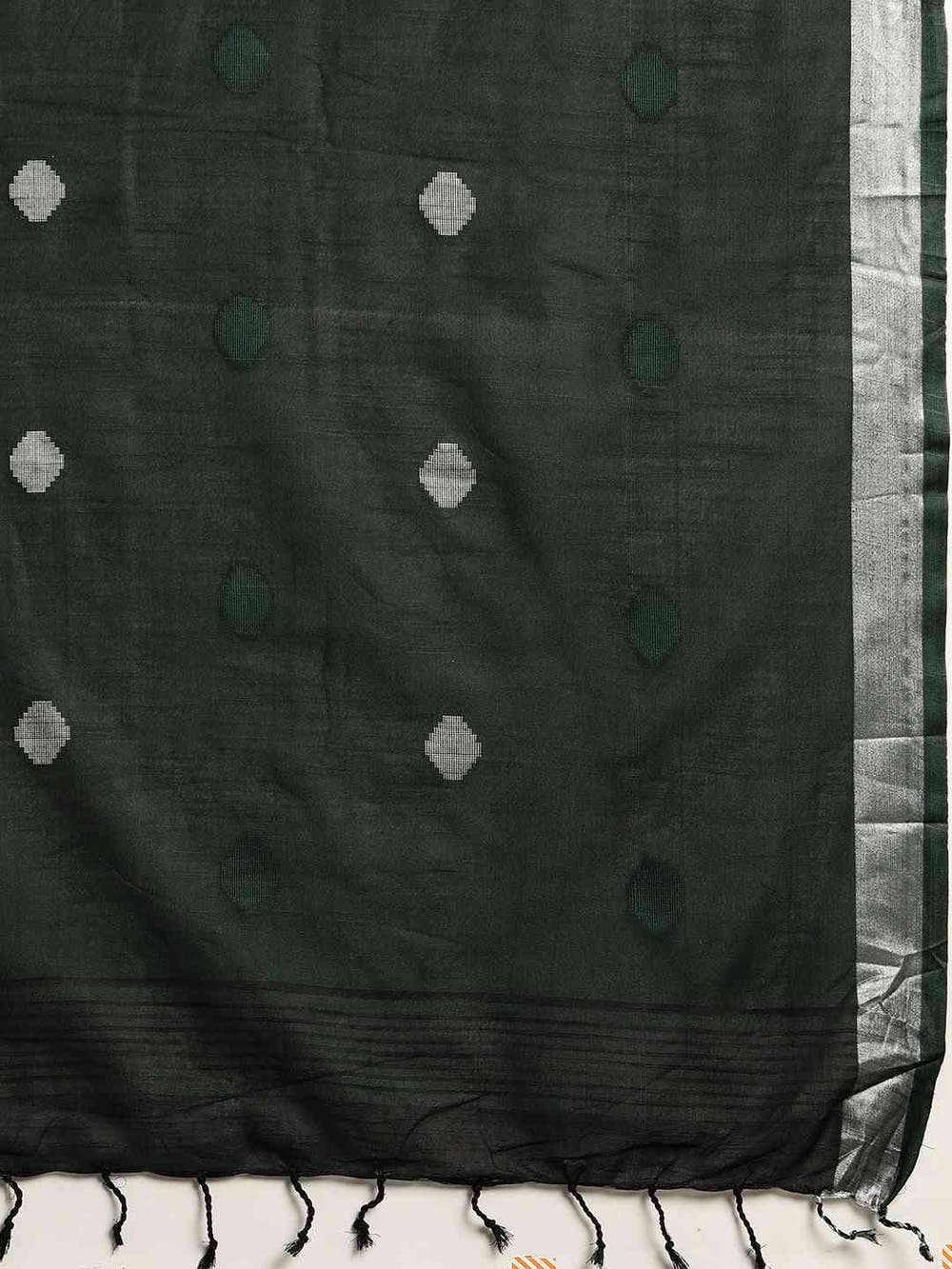 Linen Blend Green Colour Saree With Polka Dots And Zari Border Work