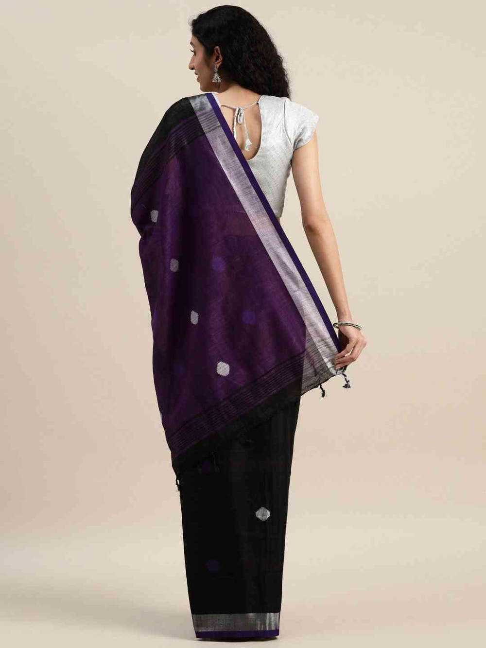 Linen Blend Purple Colour Saree With Polka Dots And Zari Border Work