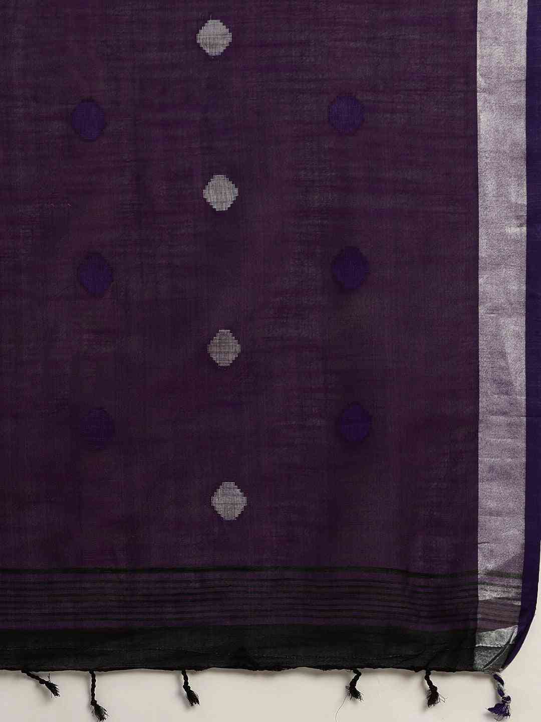 Linen Blend Purple Colour Saree With Polka Dots And Zari Border Work