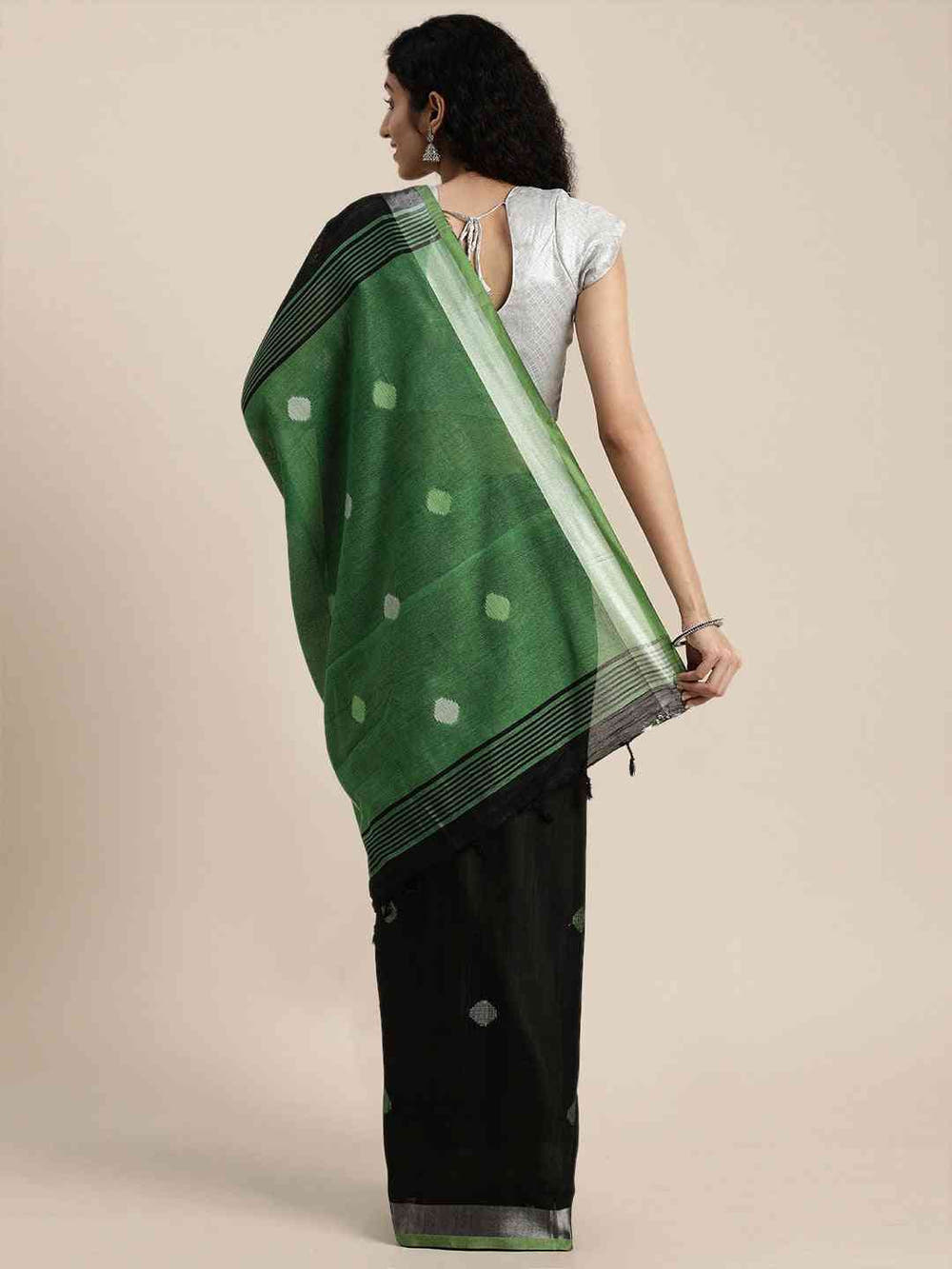 Linen Blend Light Green Saree With Polka Dots And Zari Border Work