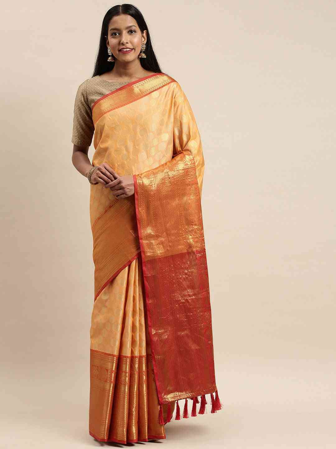 Exclusive Peach Colour Banarasi Polka Dots Weaving Design Pattu Saree