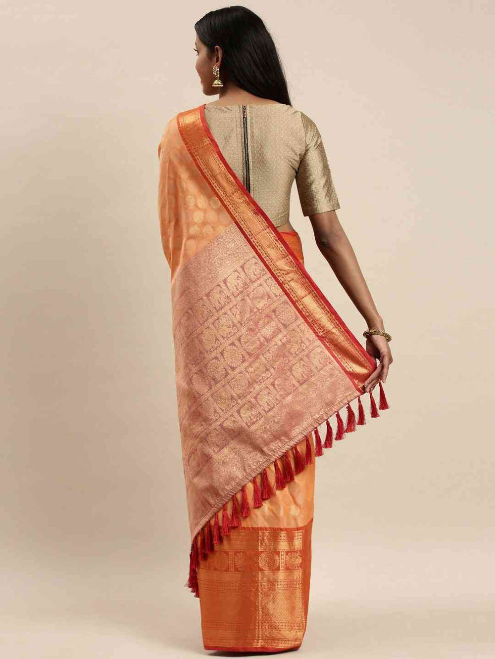 Exclusive Peach Colour Banarasi Polka Dots Weaving Design Pattu Saree