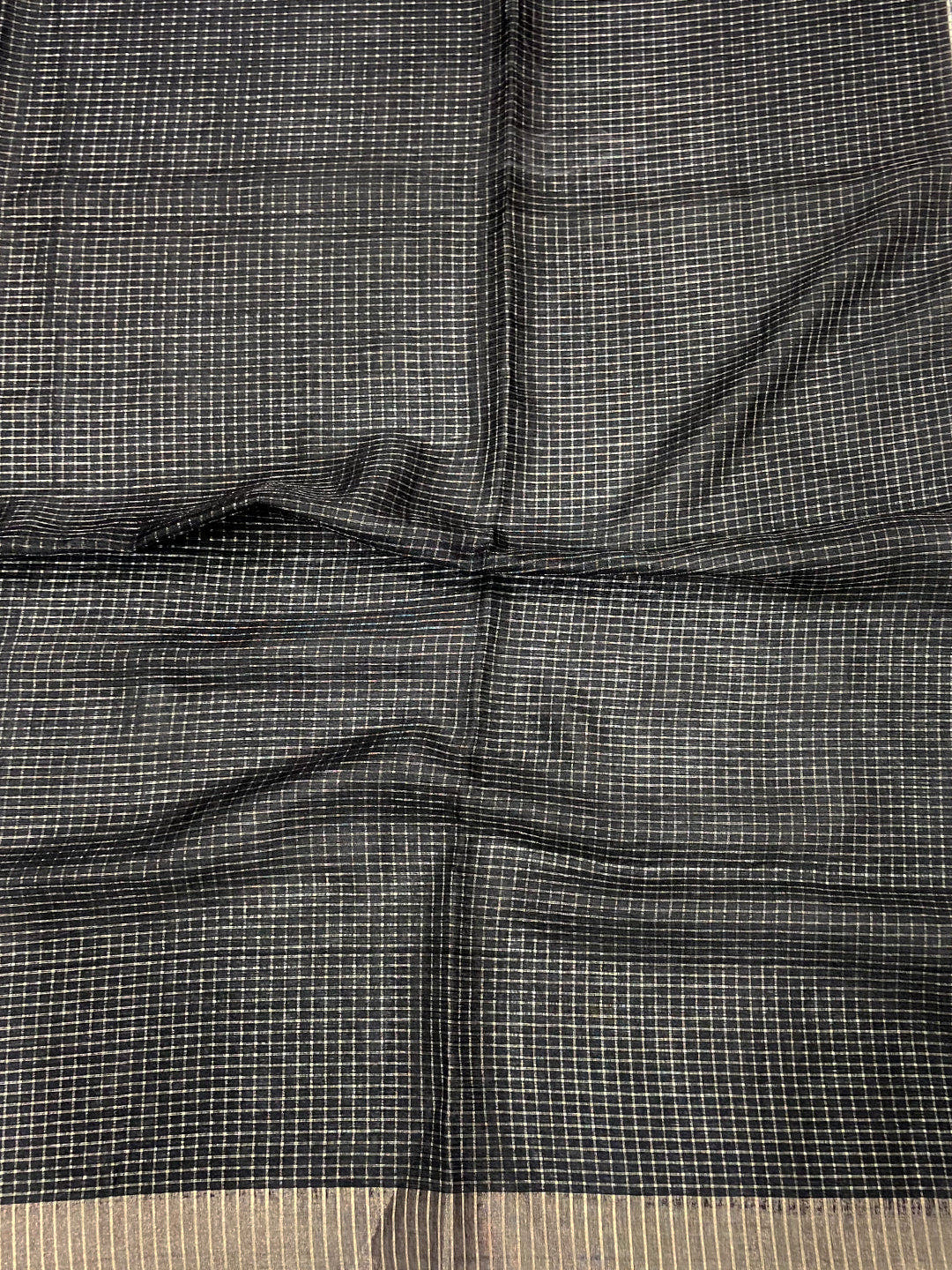 Elegant Black Check Floral Tissue Chanderi Saree