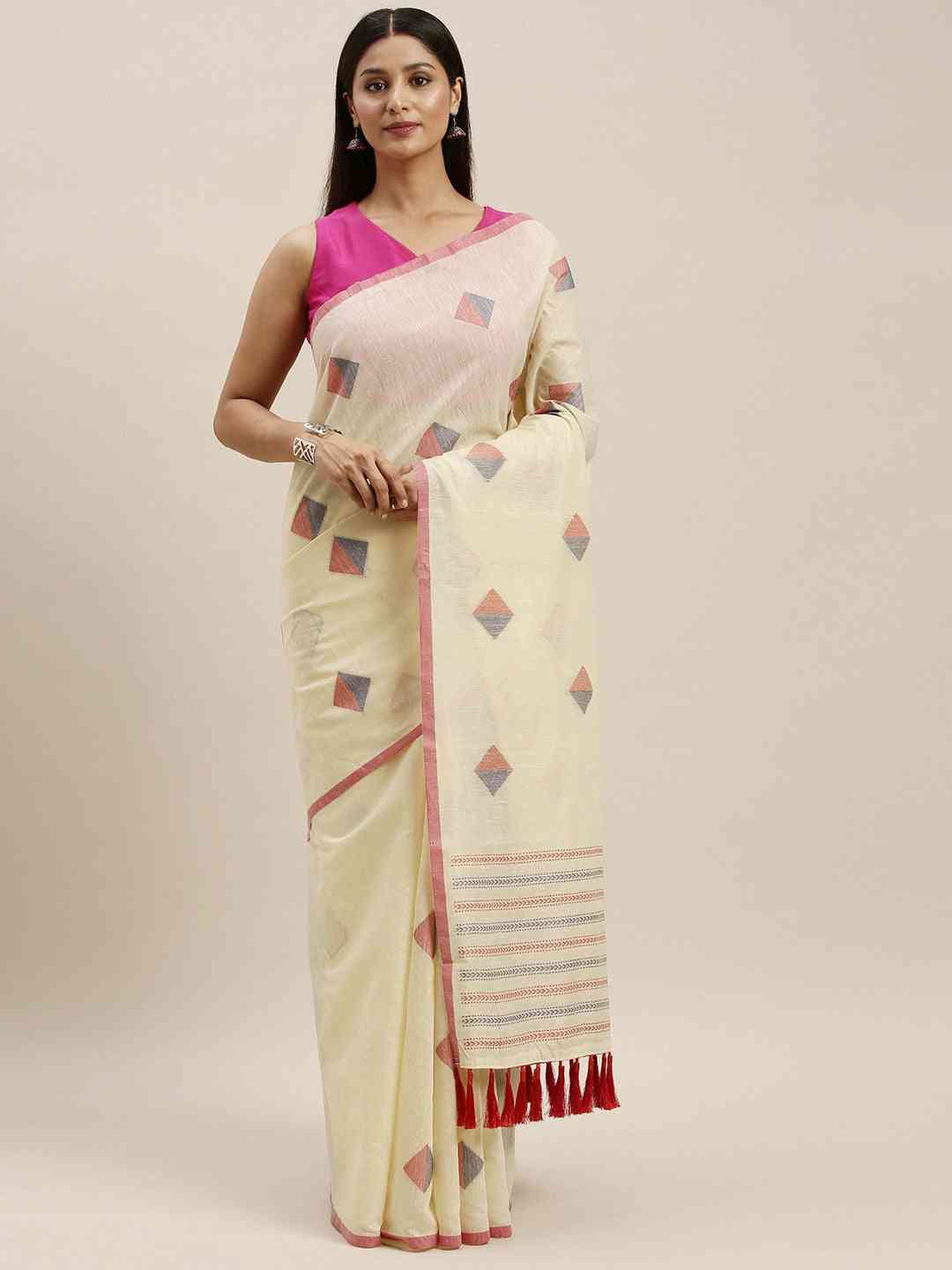 Cream Colour Geometric Print Linen Saree