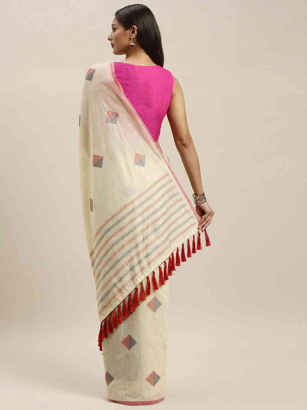 Cream Colour Geometric Print Linen Saree