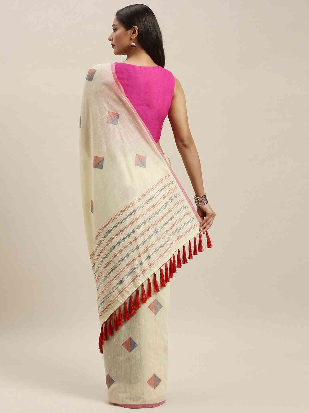 Cream Colour Geometric Print Linen Saree