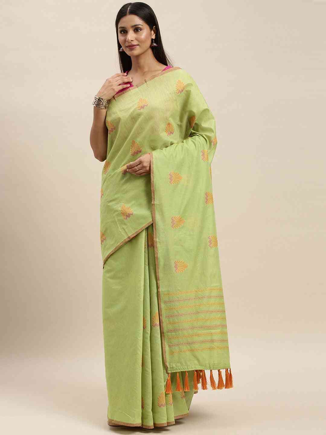 Lime Colour Ethnic Motifs Print Linen Saree