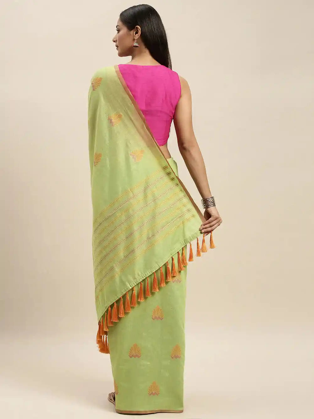 Lime Colour Ethnic Motifs Print Linen Saree