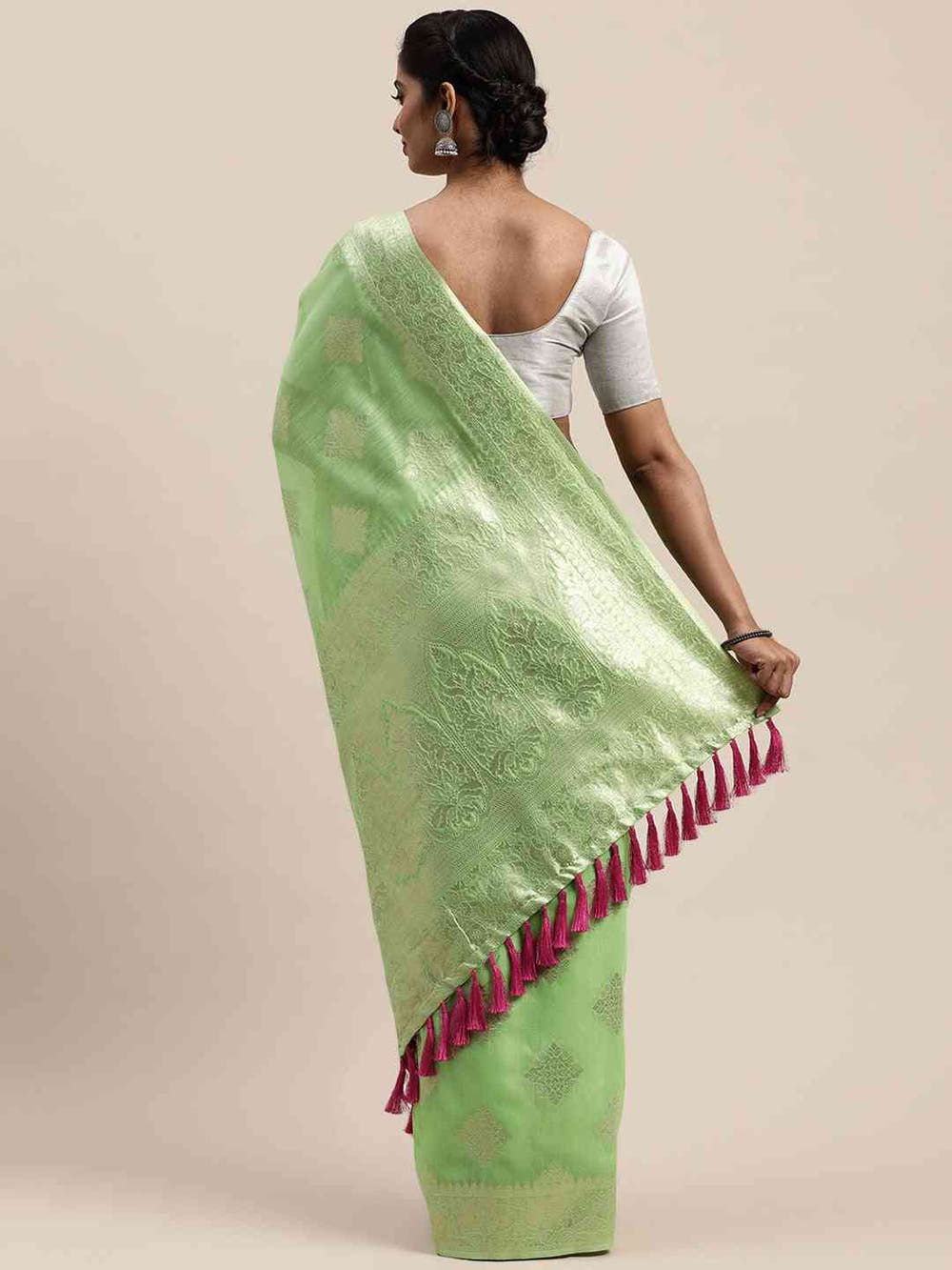 Stylish Pista Colour Woven Design Cotton Saree