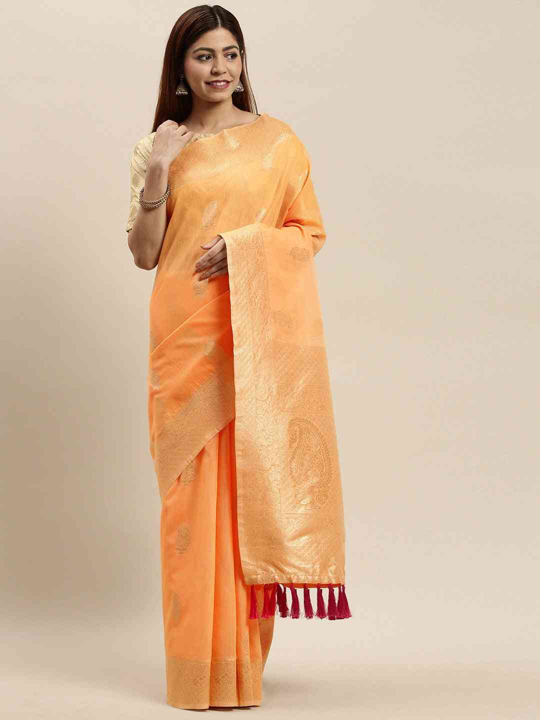 Bollywood Orange Colour Woven Design Cotton Saree