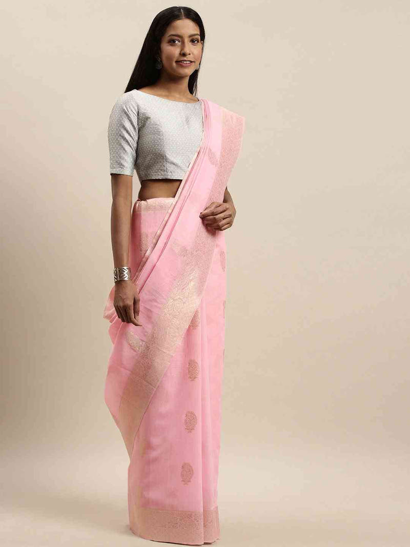 Bollywood Light Pink Colour Woven Design Cotton Saree