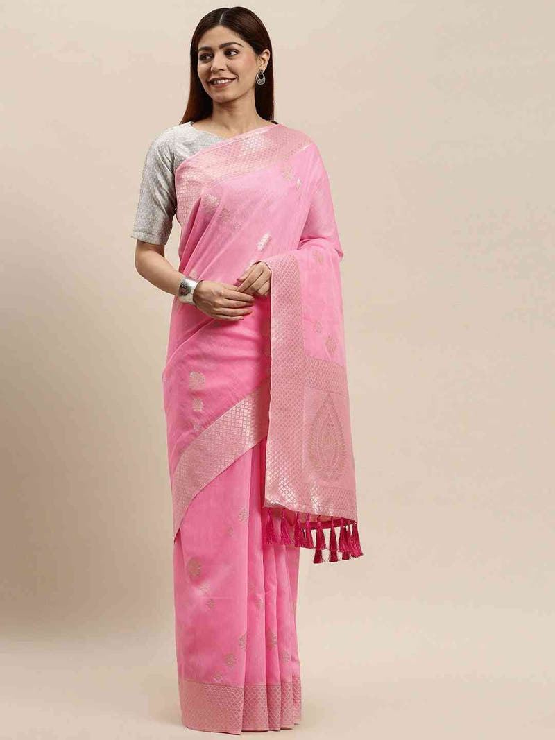 Bollywood Pink Colour Woven Design Cotton Saree