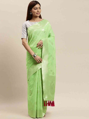 Bollywood Lime Colour Woven Design Cotton Saree