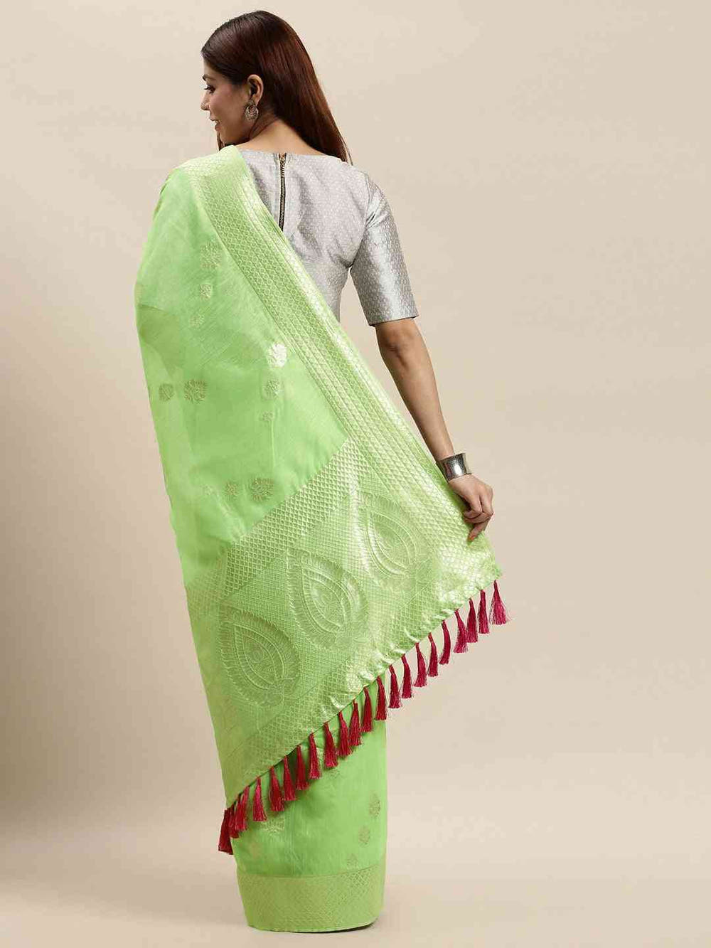 Bollywood Lime Colour Woven Design Cotton Saree