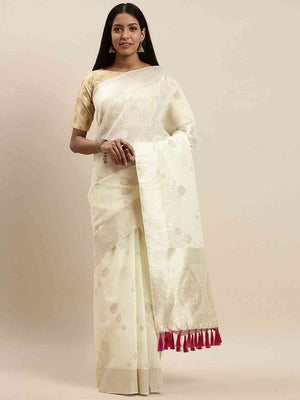 Bollywood White Colour Woven Design Cotton Saree