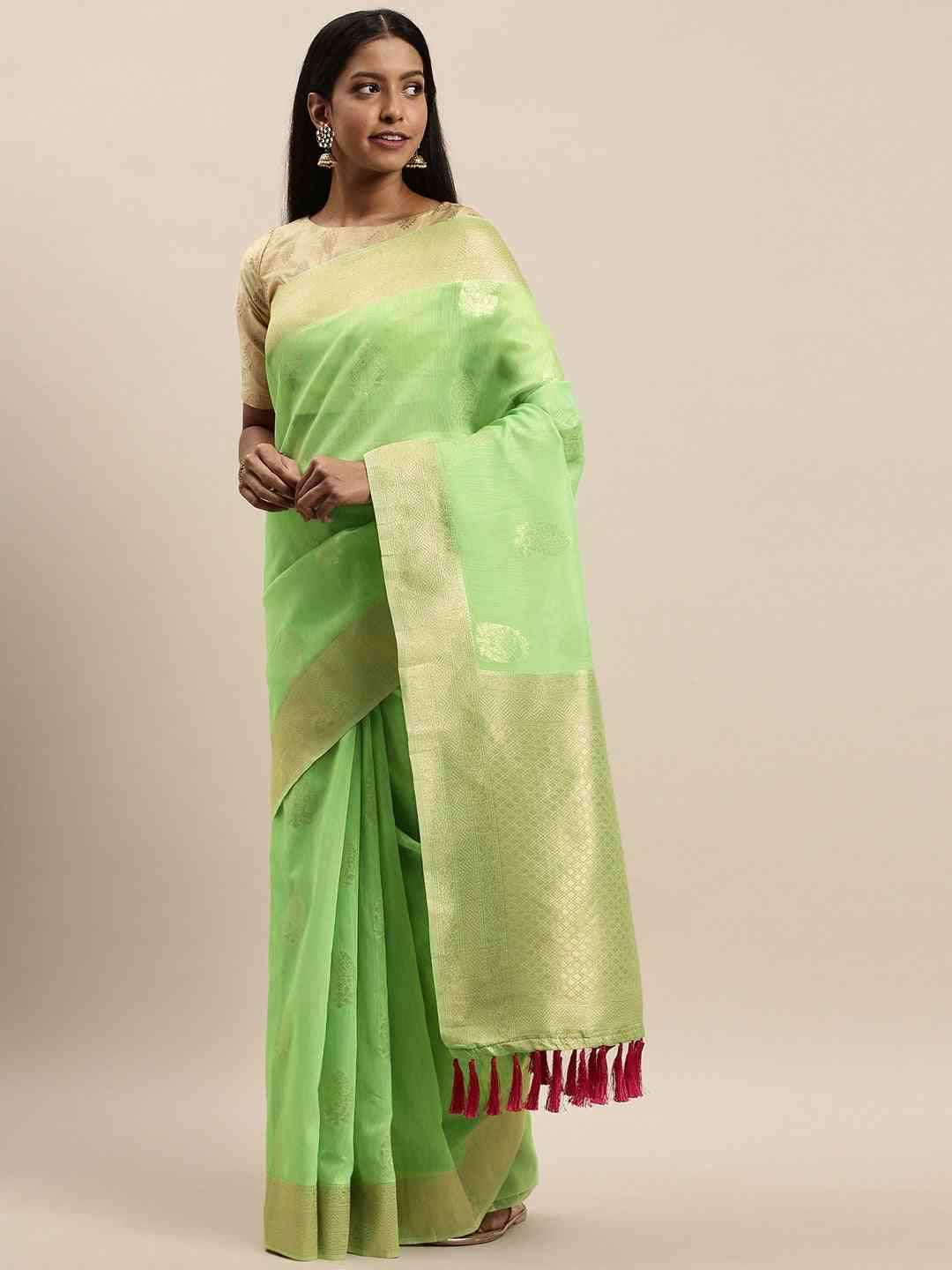 Bollywood Lime Colour Woven Design Cotton Saree