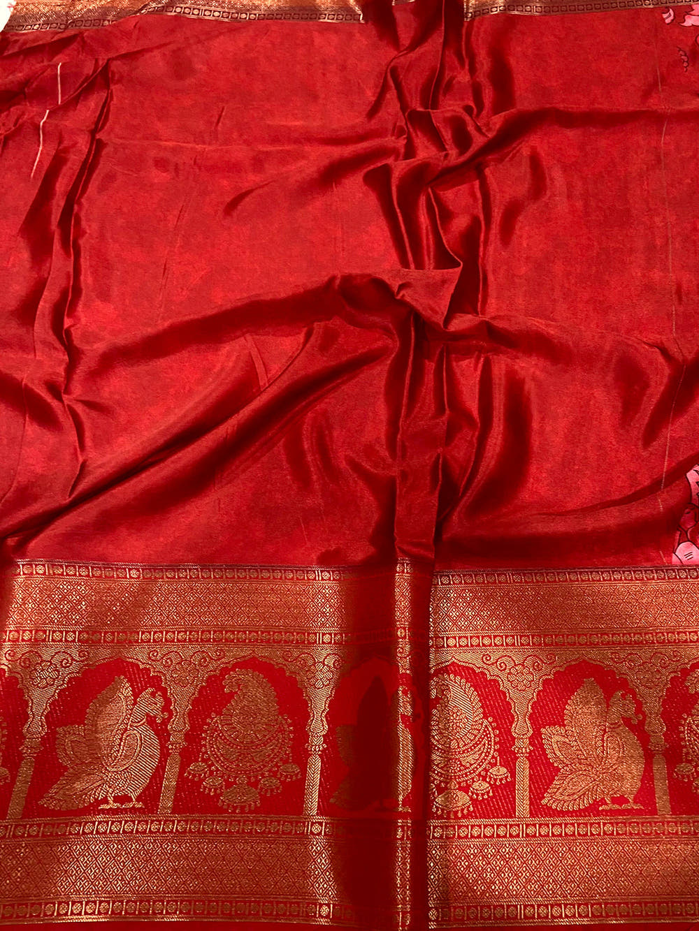Red Charry Satin Floral Saree