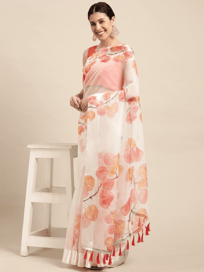 Organza With Satin Border Flower Print Party Wear Saree