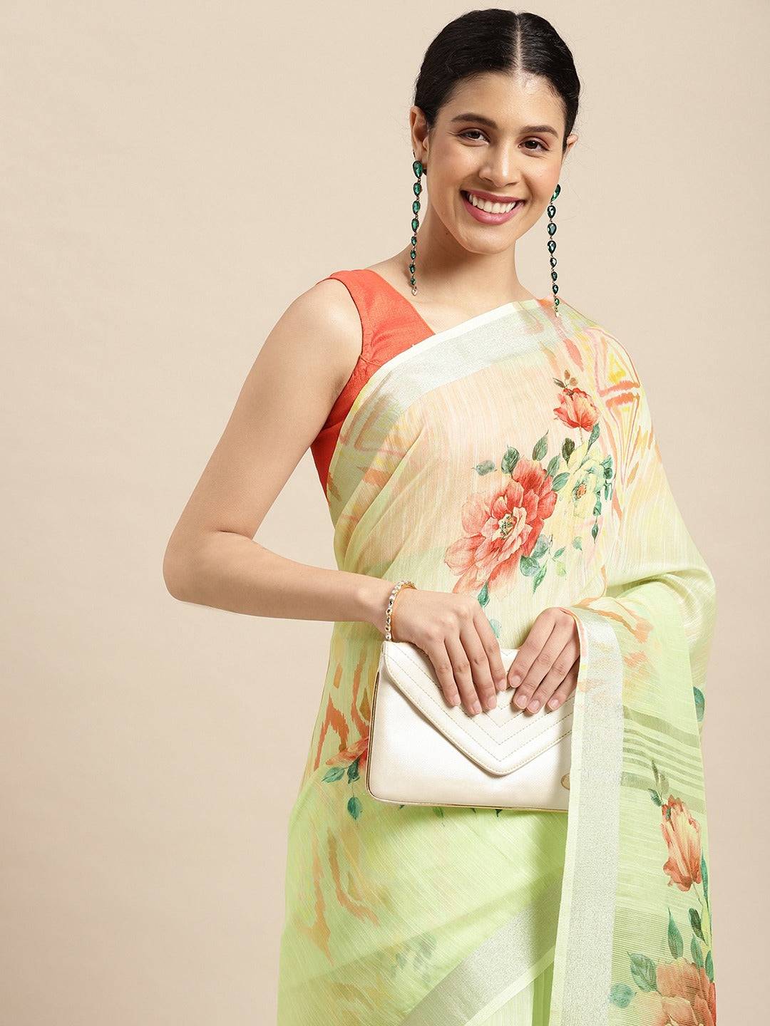 Light Green Soft Organza Saree with Satin Border and Flower Digital Print