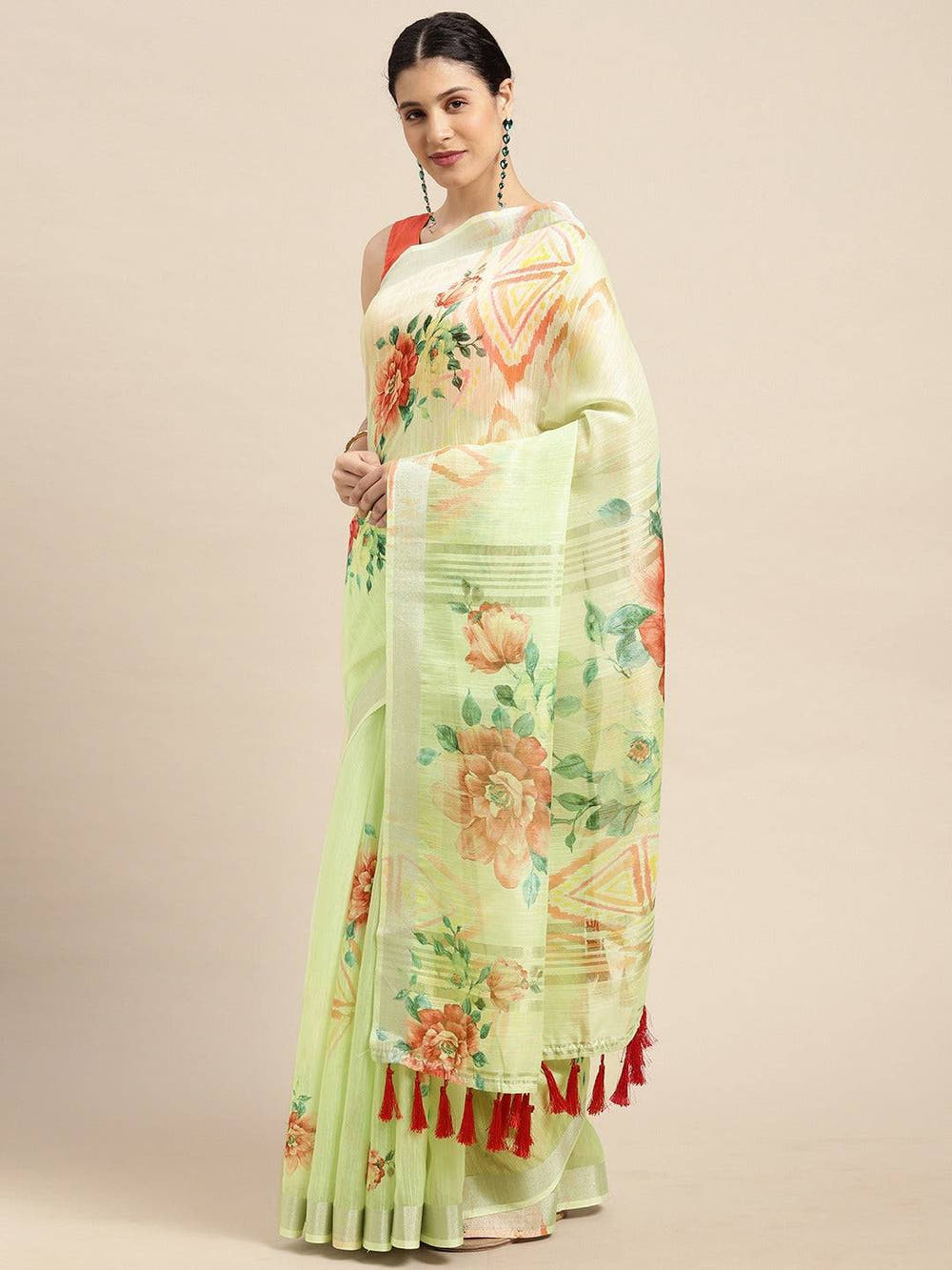 Light Green Soft Organza Saree with Satin Border and Flower Digital Print