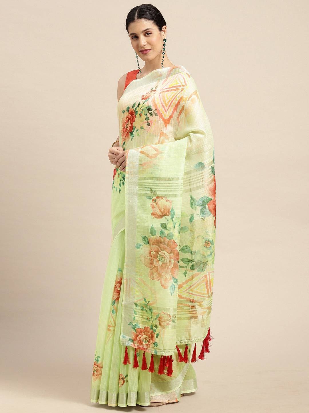 Light Green Soft Organza Saree with Satin Border and Flower Digital Print