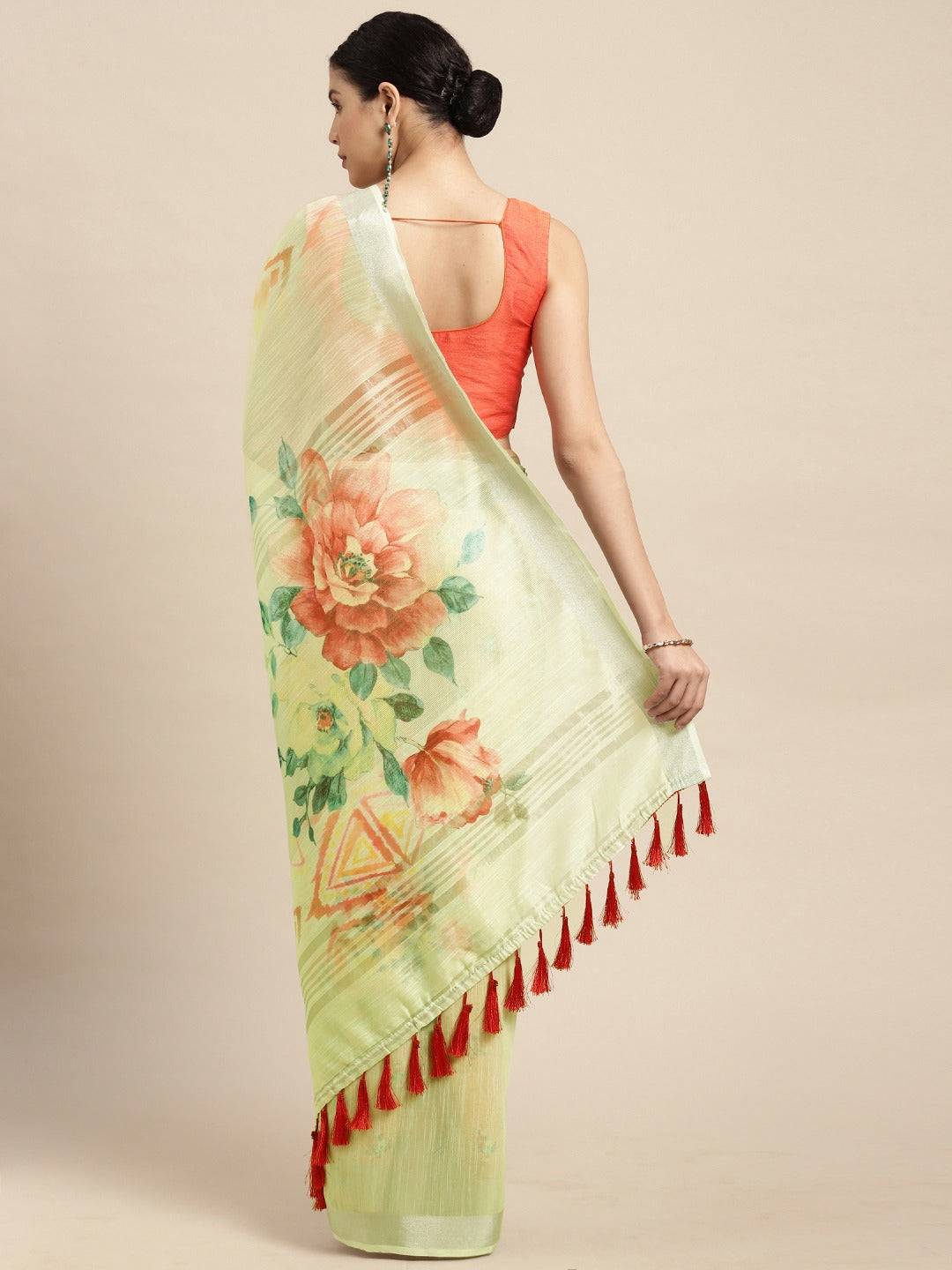 Light Green Soft Organza Saree with Satin Border and Flower Digital Print