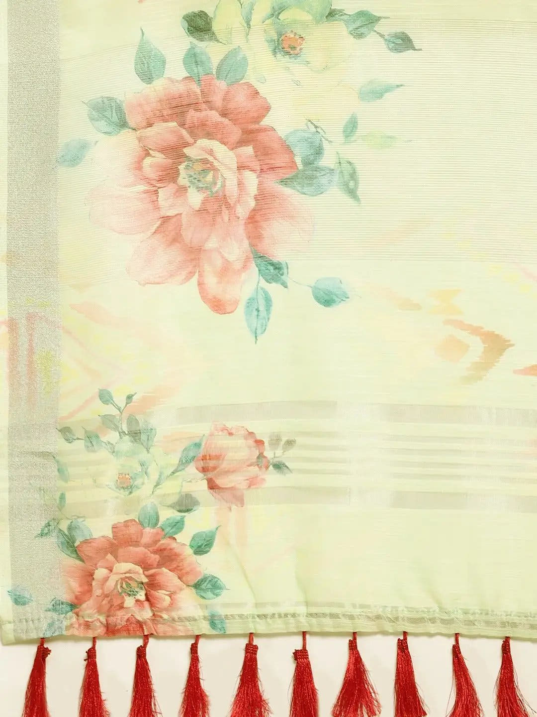 Light Green Soft Organza Saree with Satin Border and Flower Digital Print