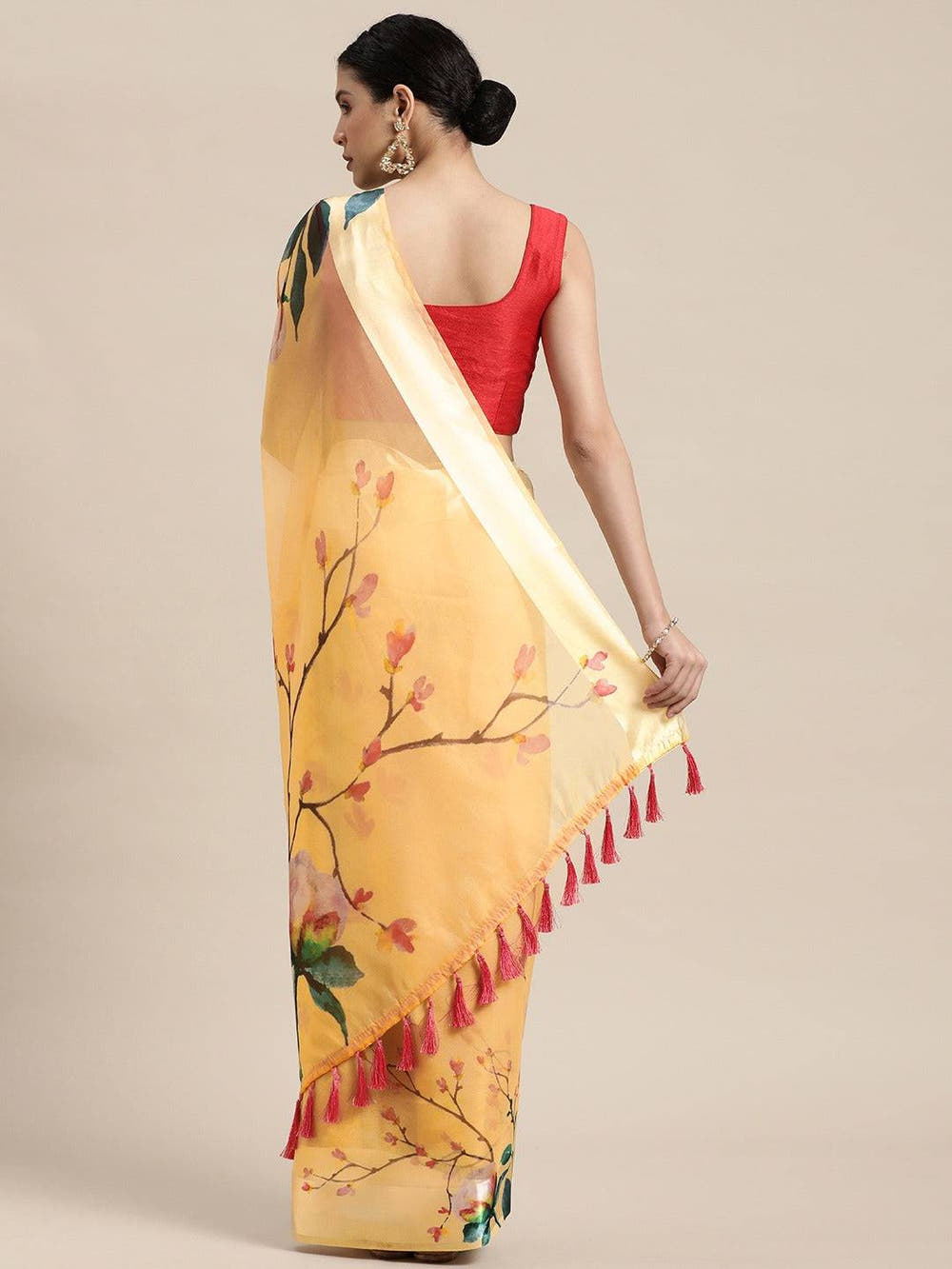 Orange Soft Organza Saree with Satin Border and Flower Digital Print