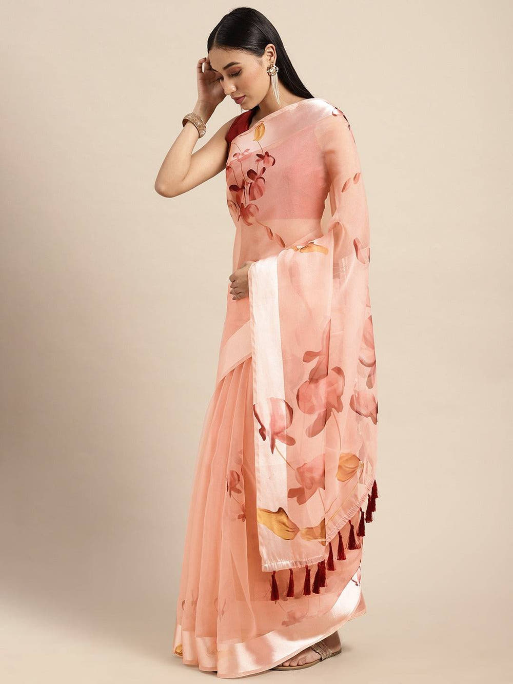 Pink Soft Organza Saree with Satin Border and Flower Digital Print