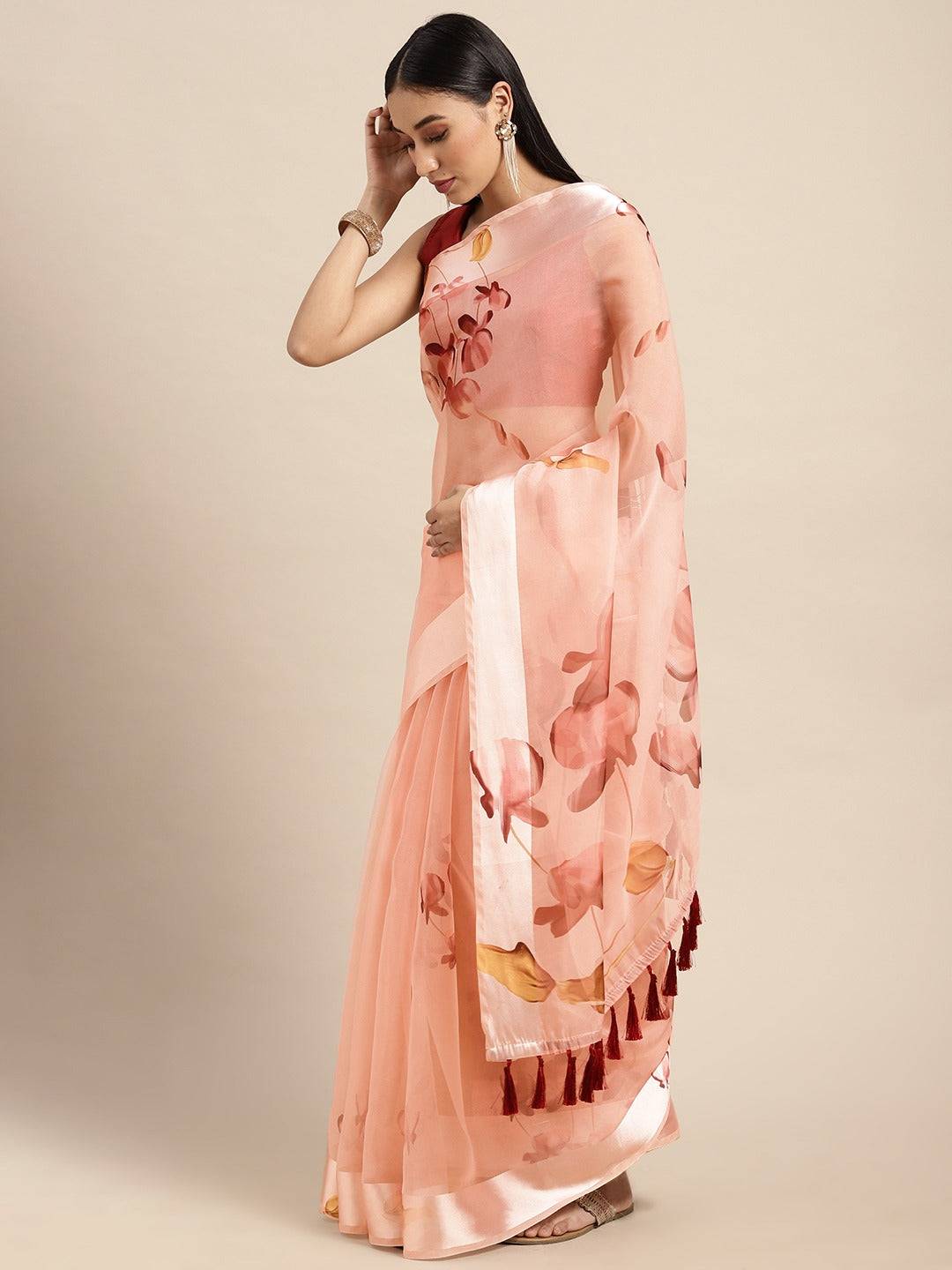 Pink Soft Organza Saree with Satin Border and Flower Digital Print