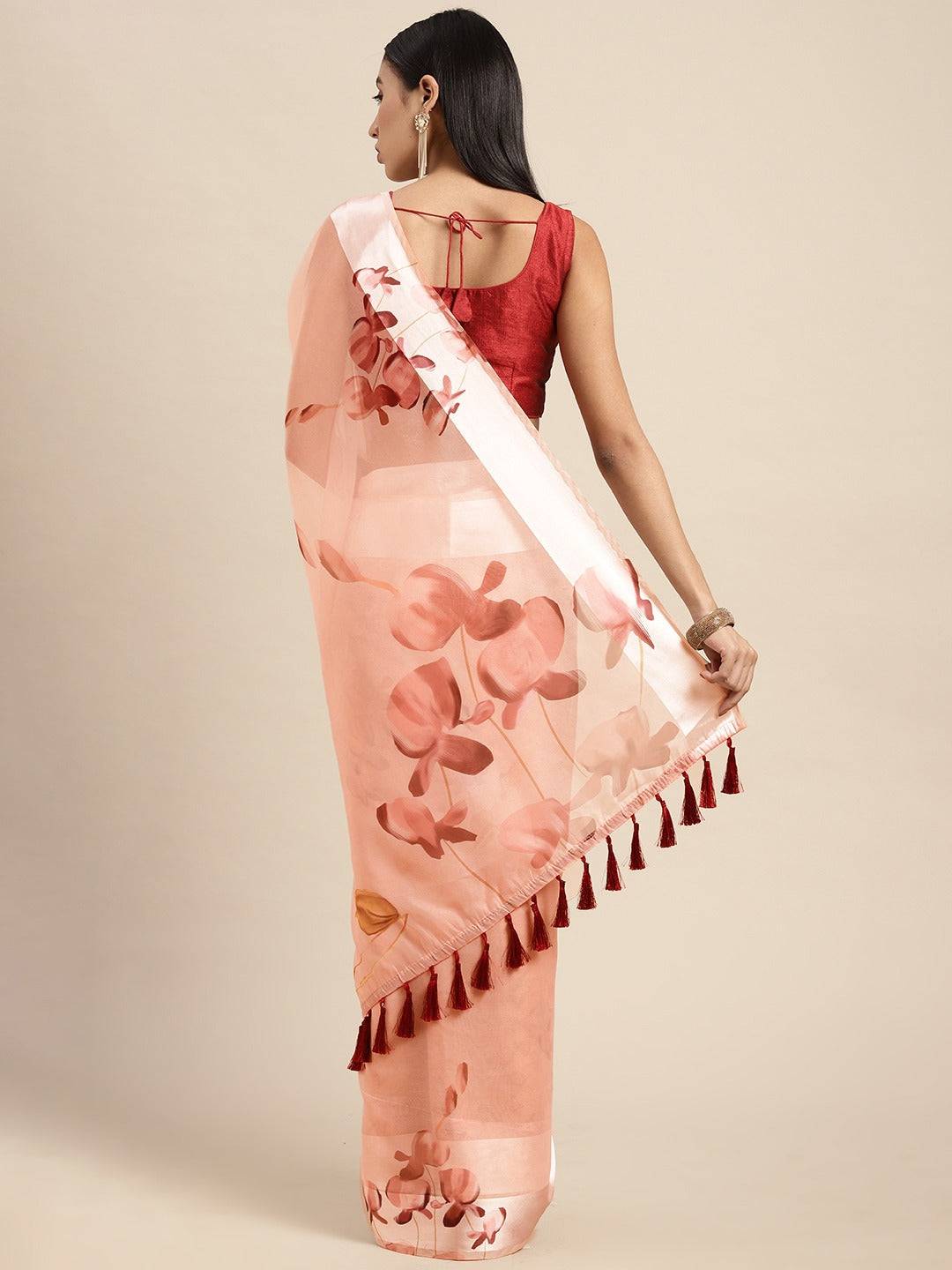 Pink Soft Organza Saree with Satin Border and Flower Digital Print