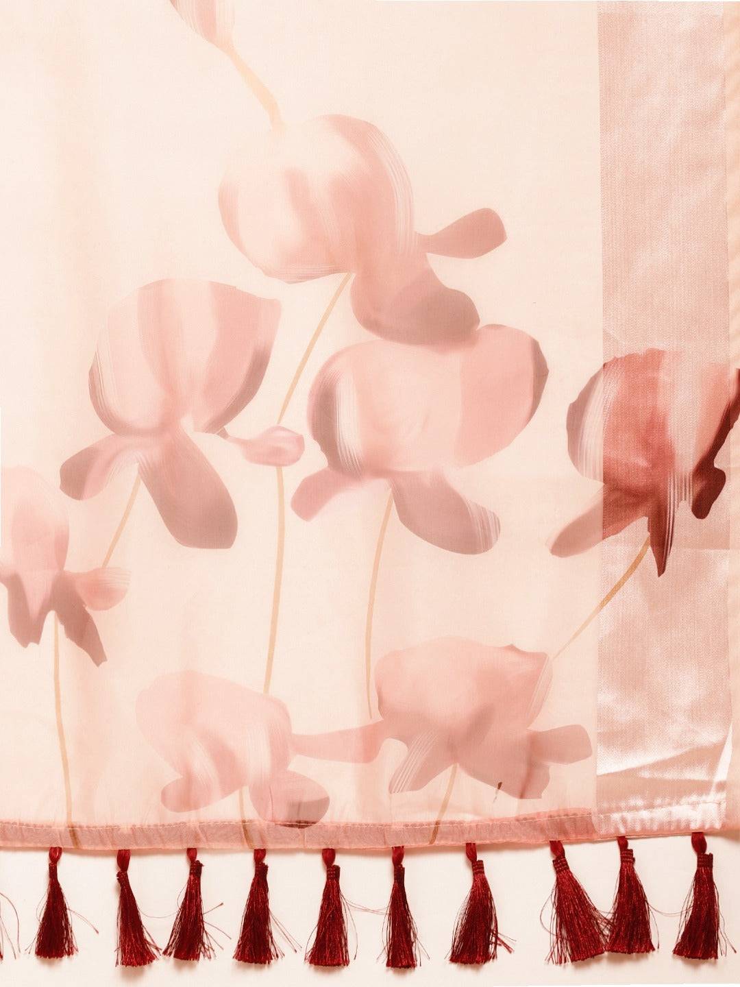 Pink Soft Organza Saree with Satin Border and Flower Digital Print