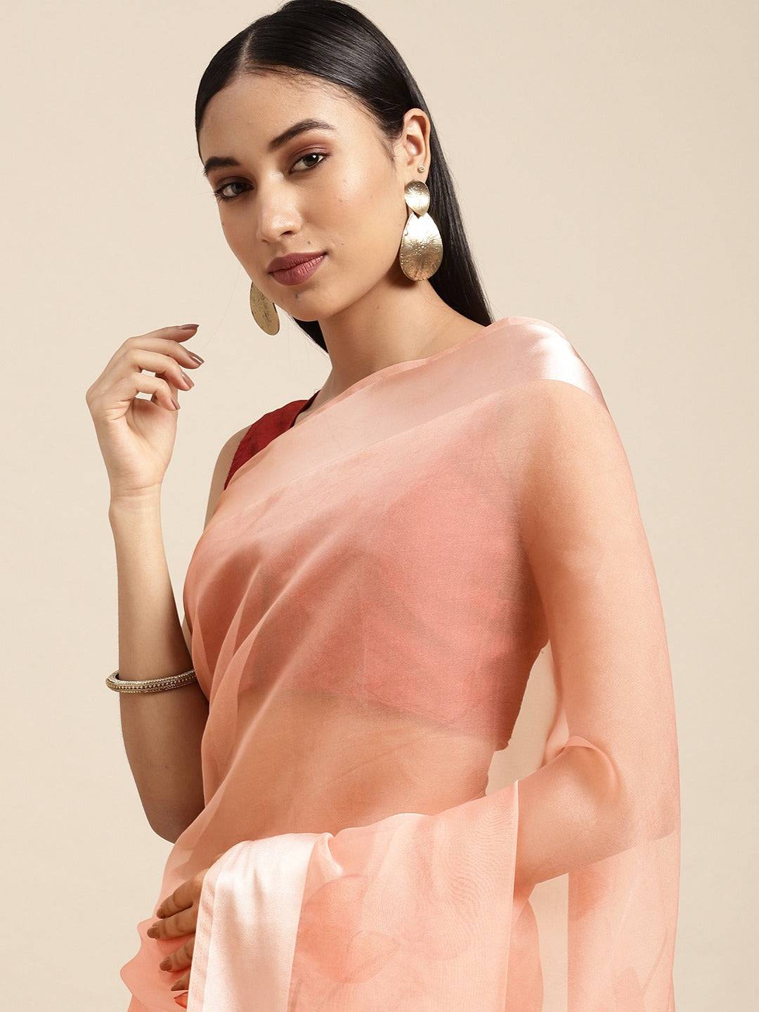 Dusty Pink Soft Organza Saree with Satin Border and Flower Digital Print