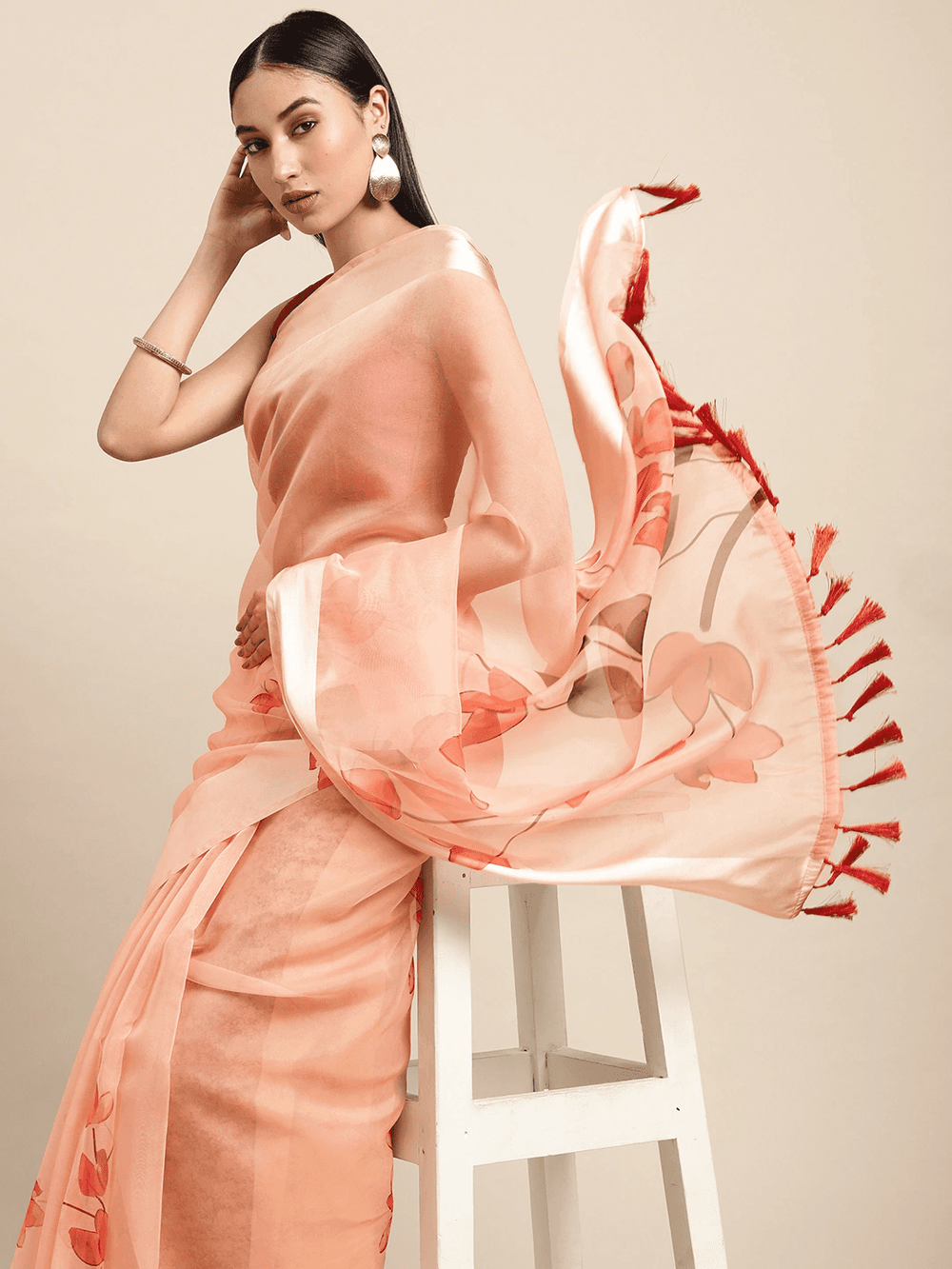 Dusty Pink Soft Organza Saree with Satin Border and Flower Digital Print