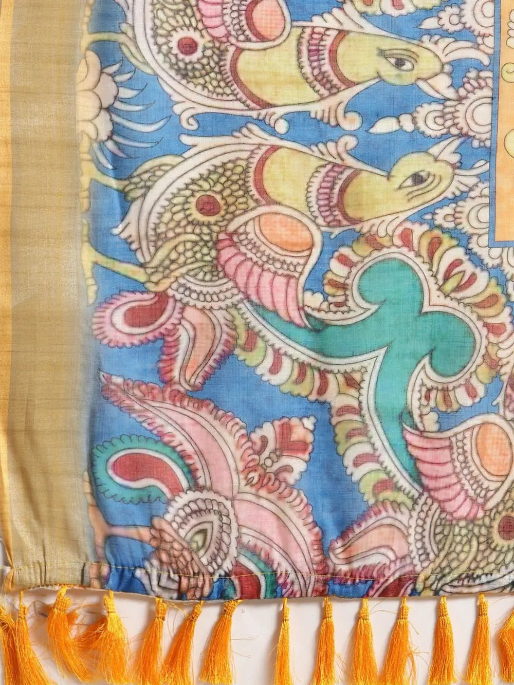 Beautiful Linen Blend Blue Colour Kalamkari Print Saree