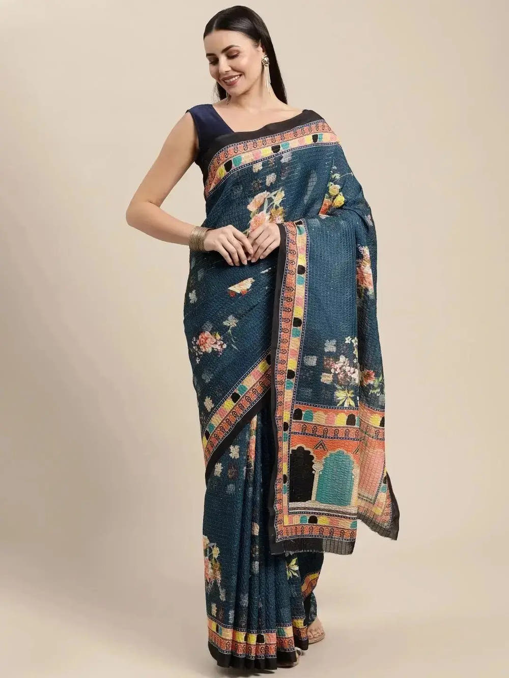 Beautiful Floral & Mughal Print Sequence Work Silk Saree