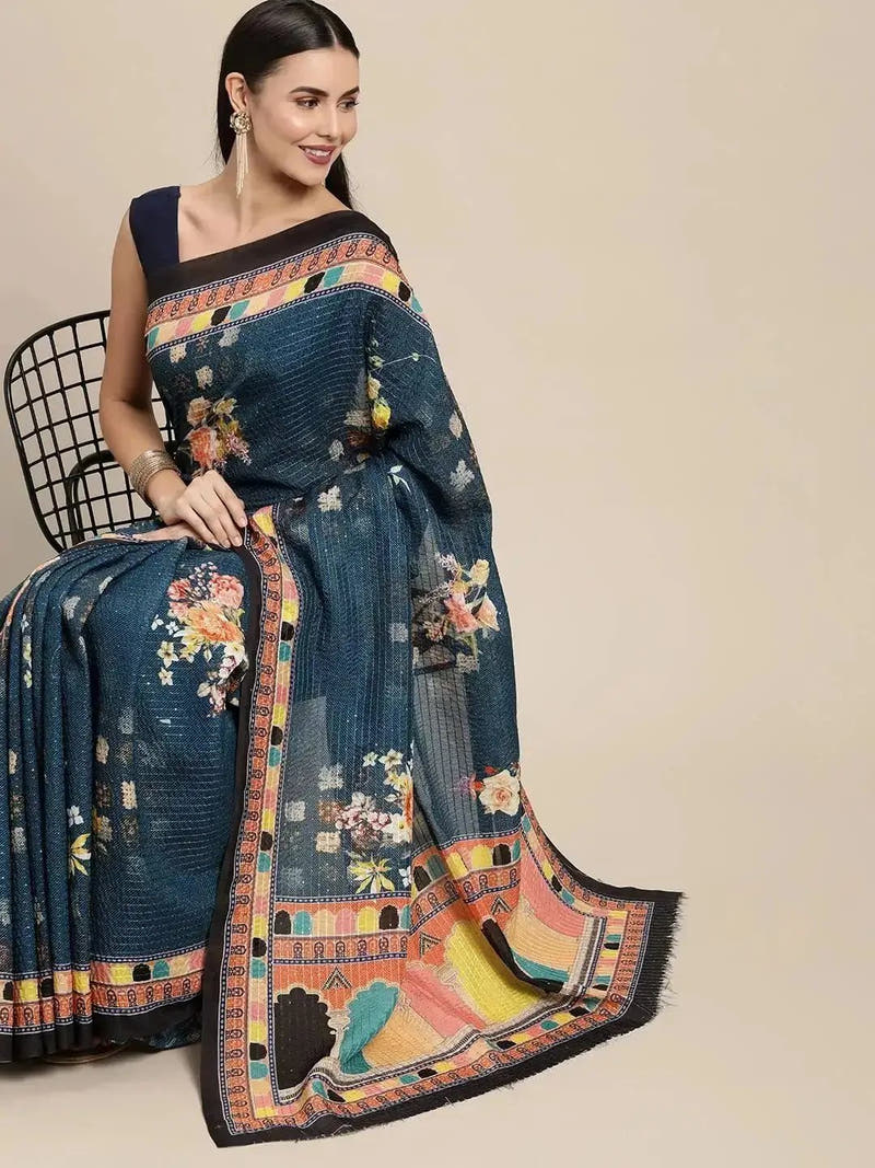 Beautiful Floral & Mughal Print Sequence Work Silk Saree