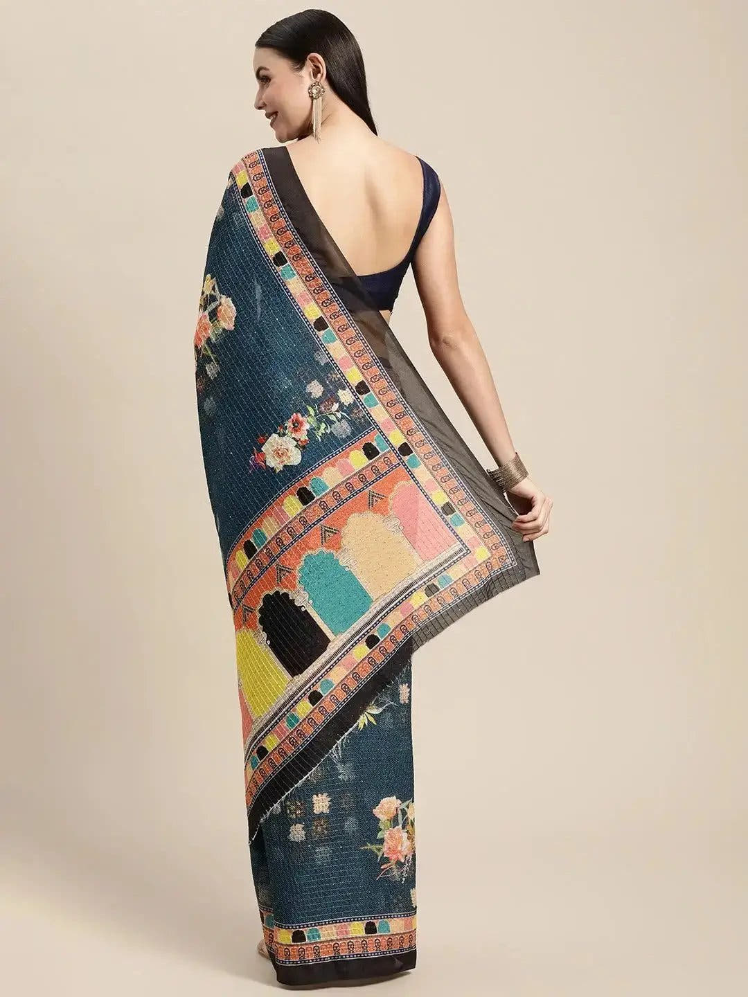 Beautiful Floral & Mughal Print Sequence Work Silk Saree