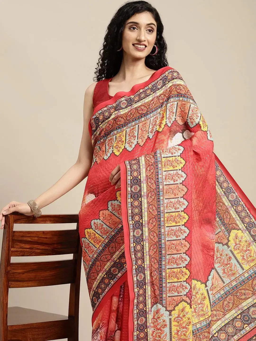 Beautiful Red Colour Mugal Printed Silk Saree