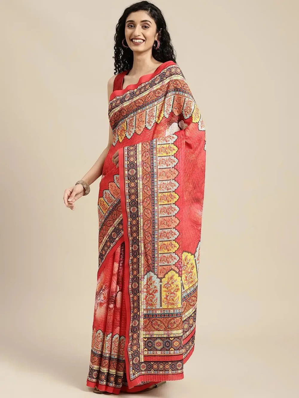 Beautiful Red Colour Mugal Printed Silk Saree