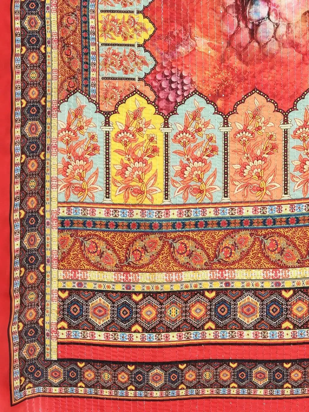 Beautiful Red Colour Mugal Printed Silk Saree