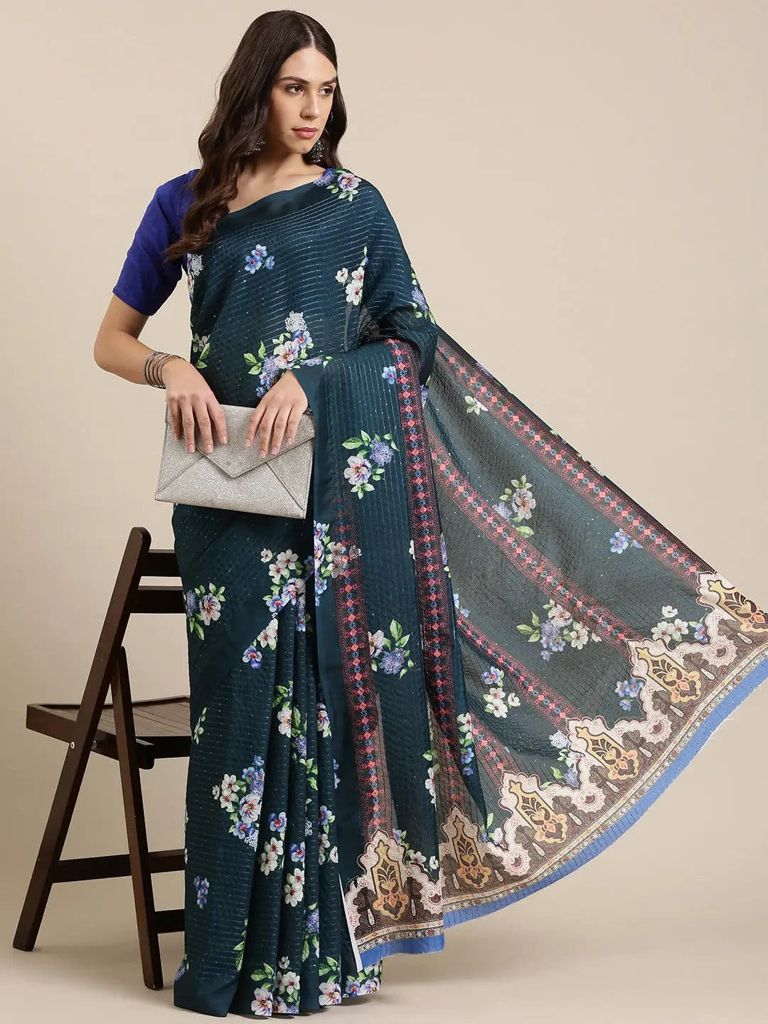 Beautiful Floral Print With Sequinned Work Silk Saree