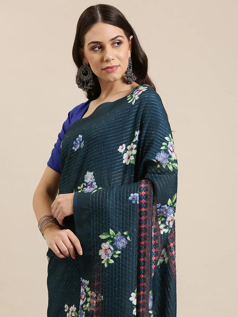 Beautiful Floral Print With Sequinned Work Silk Saree