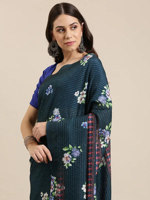 Beautiful Floral Print With Sequinned Work Silk Saree