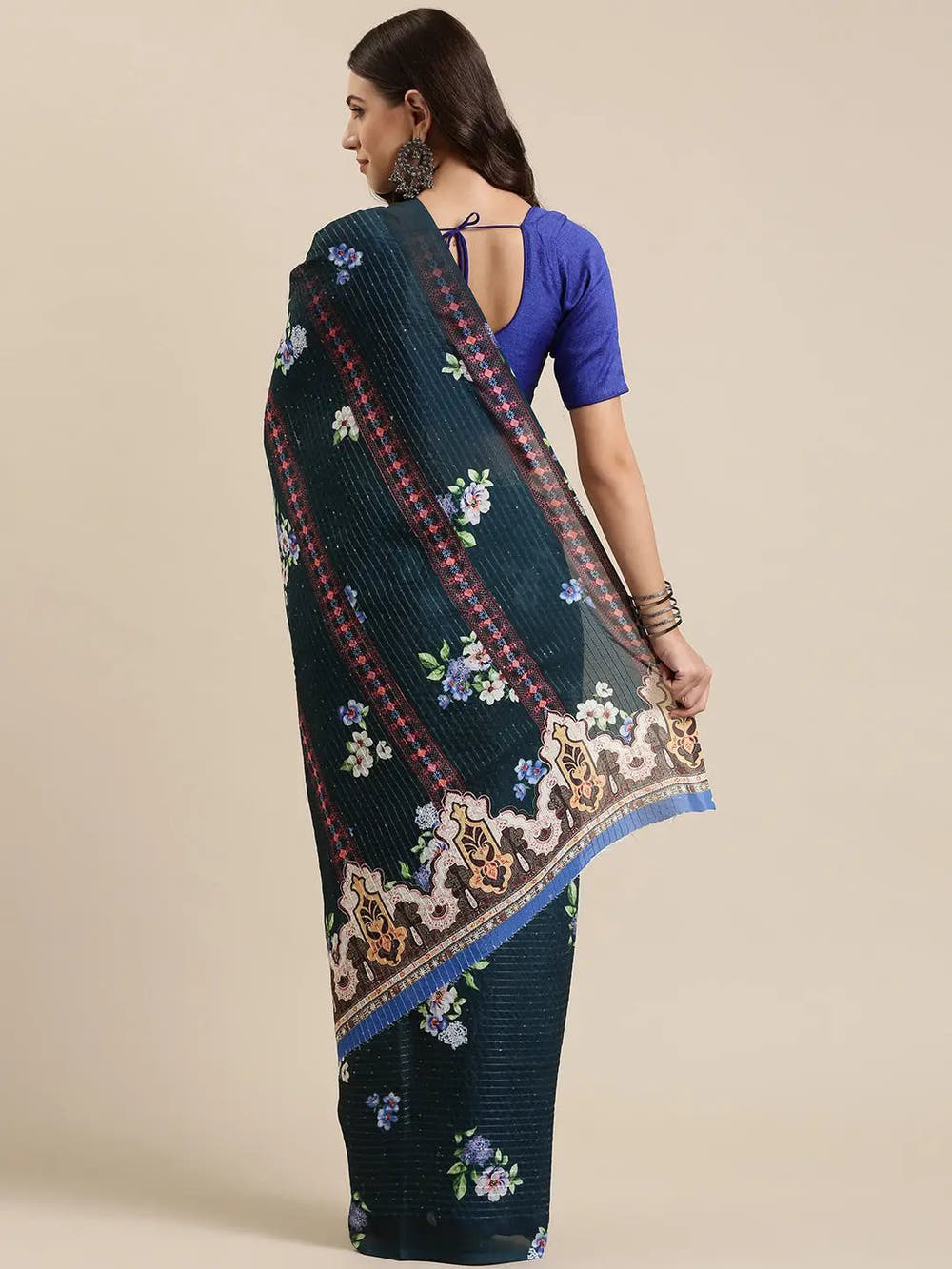 Beautiful Floral Print With Sequinned Work Silk Saree