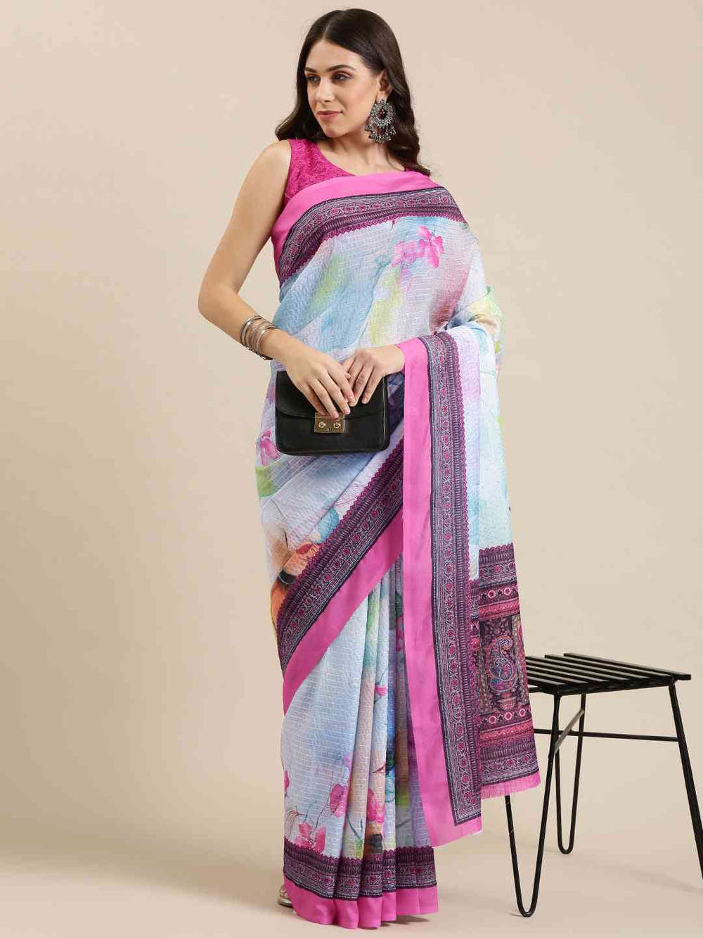 Beautiful Floral Print With Sequinned Work Silk Saree